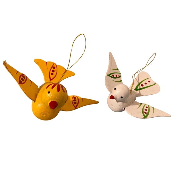 Hand Painted Wooden Bird Ornaments Set Of 2 Yellow & White - Picture 1 of 4